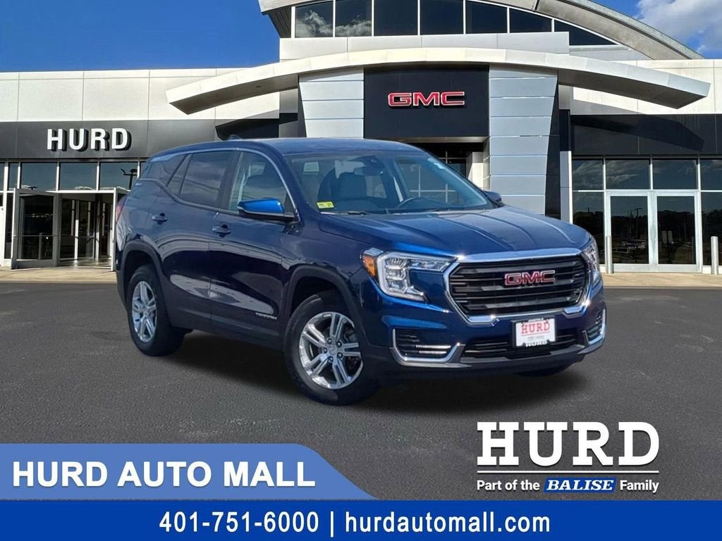 2023 GMC Terrain SLE in Marine Metallic — front three-quarter view